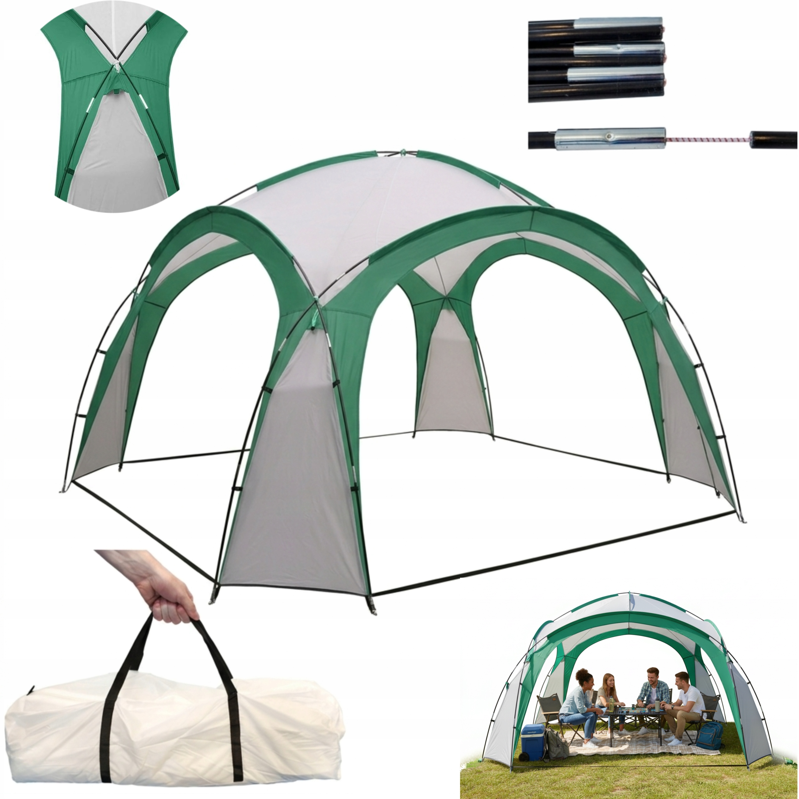 Zahradní pavilon Stan 350 x 350 cm na piknik, skládací, zelený, zelená taška