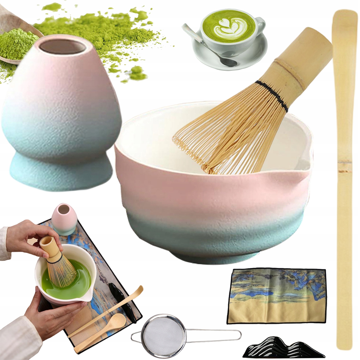 Levně Profesionální sada na matchu a keramiku s sítkem na čaj Matcha, trvanlivá