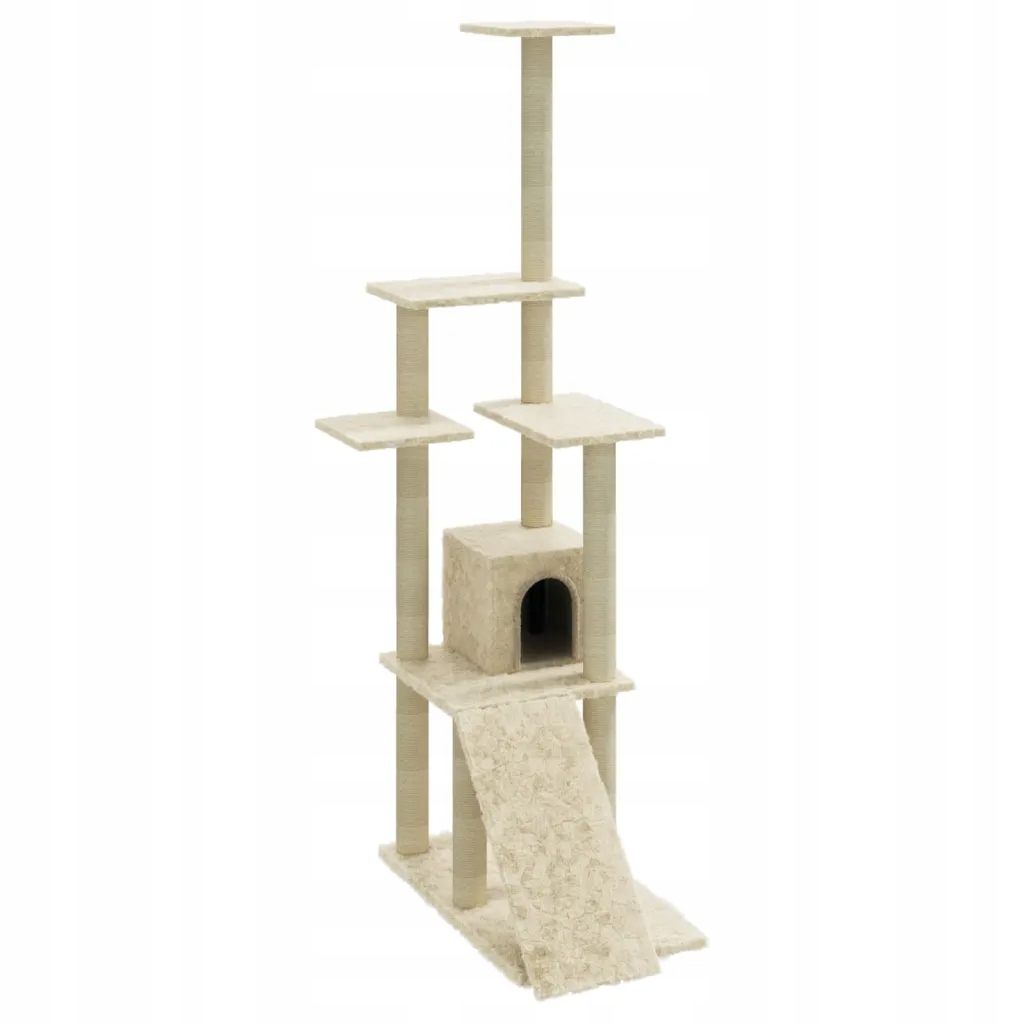Škrabadlo pro kočky s domečkem a rampou, dřevo/sisal/plyš, 54x73x155 cm, kre