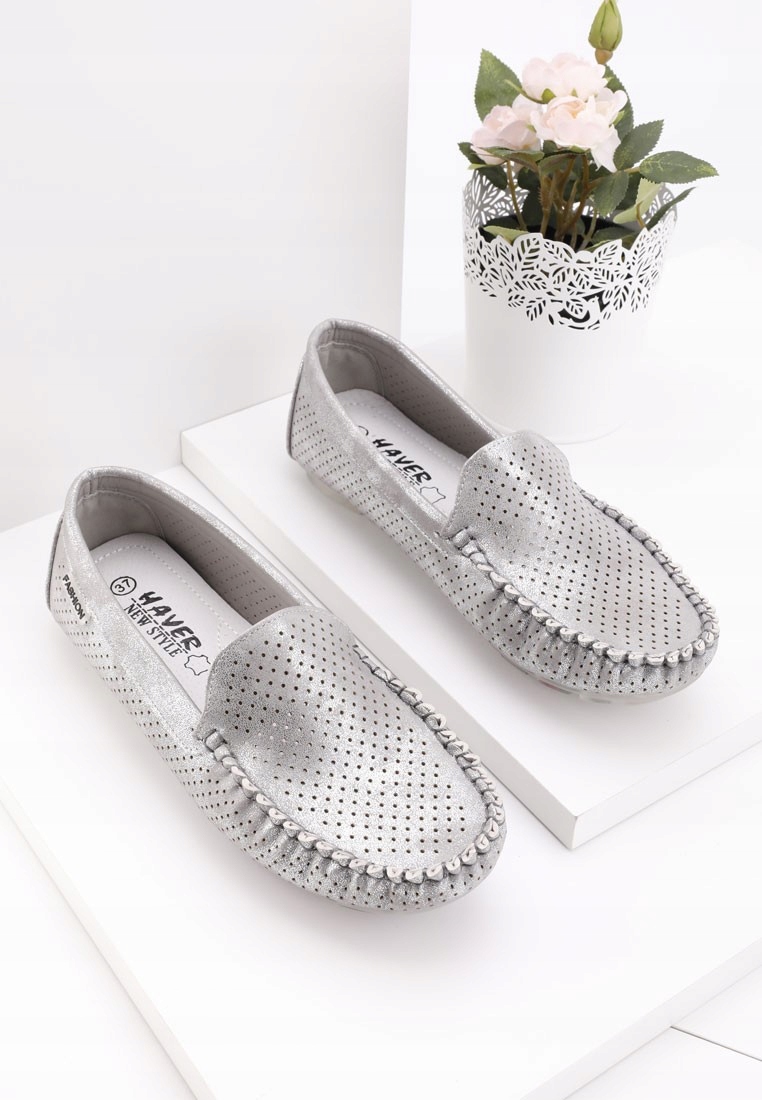 SZARE MOKASYNY DAMSKIE PÓŁBUTY AŻUROWE WSUWANE PŁASKIE WKŁ. EKOSKÓRA Rozmiar 41