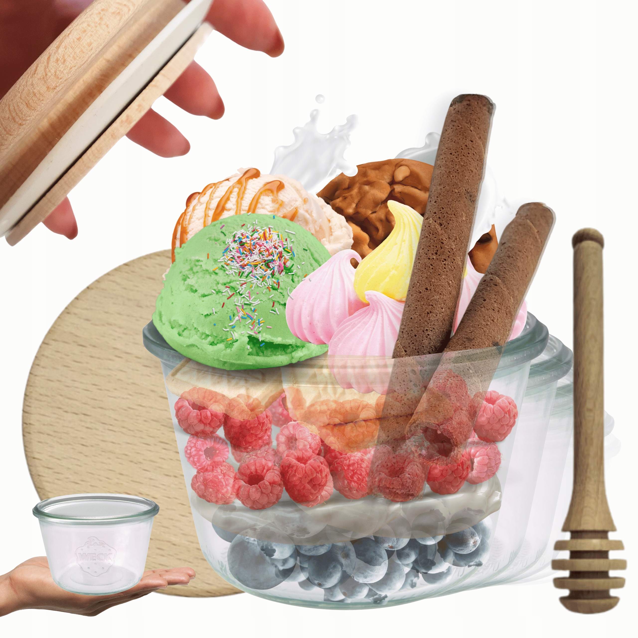 Sklenice Weck 370 ml zavařeniny Mold žáruvzdorné dřevěné víko 12 Ks naběraček
