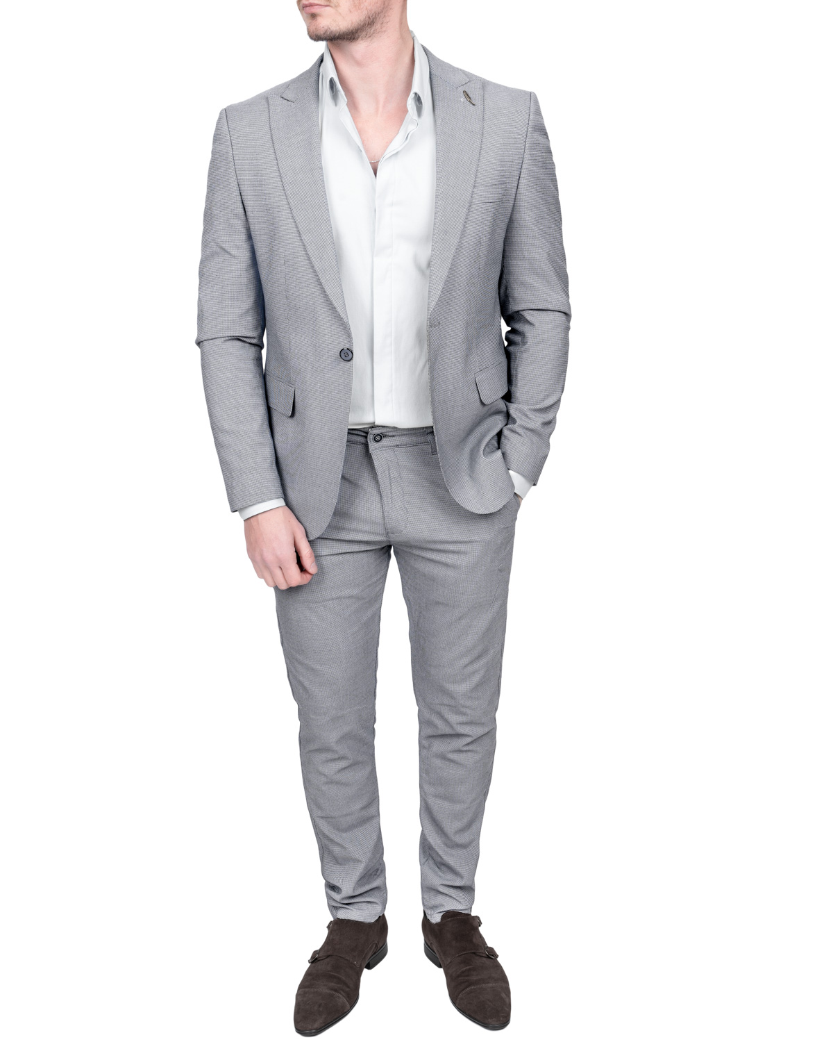 Garnitur Męski Elegancki Slim Fit w Pepitkę – Biało-Czarny - 52 Rozmiar 52