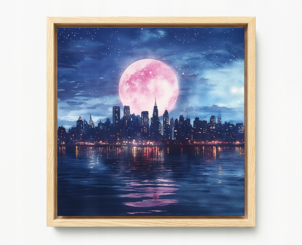 Obraz Rama American Box Město Panorama Mrakodrapy Řeka Noc Měsíc 60x60