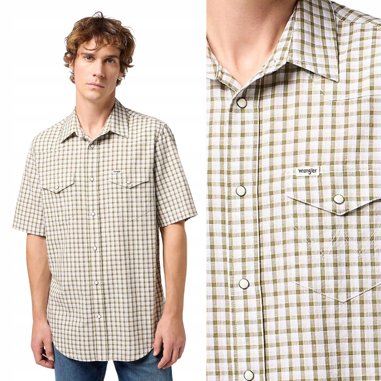 Wrangler Ss Western Shirt Green bavlněná olivová košile s krátkým rukávem, velikost M