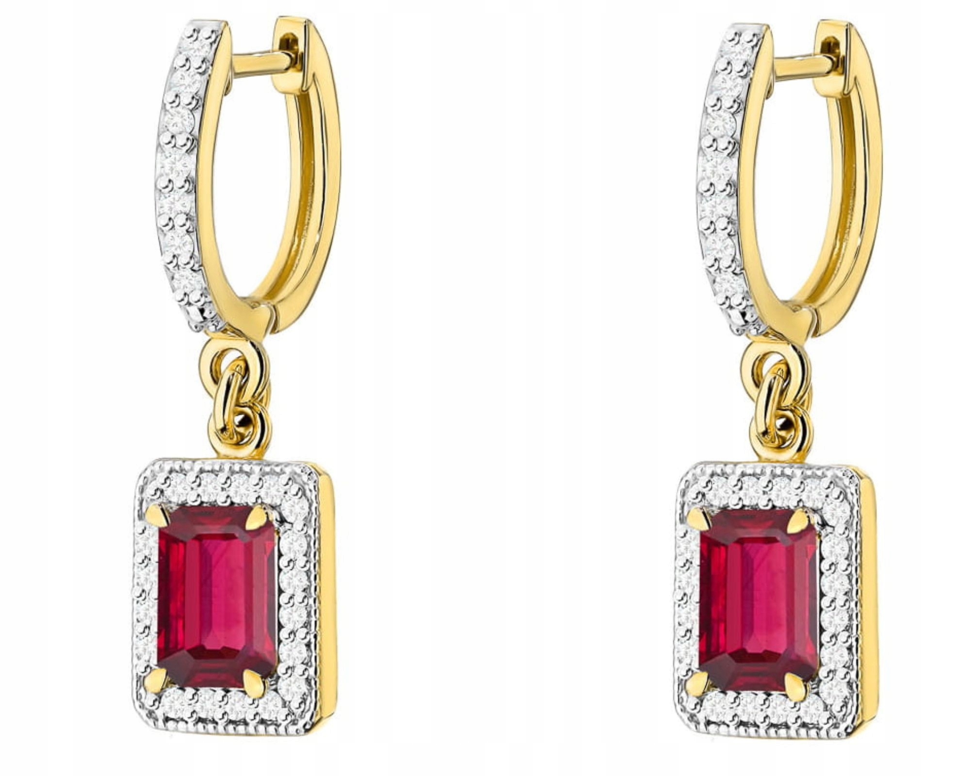 Zlaté Závěsné Náušnice S Červeným Kamenem A Přírodním Rubínem, Diamanty