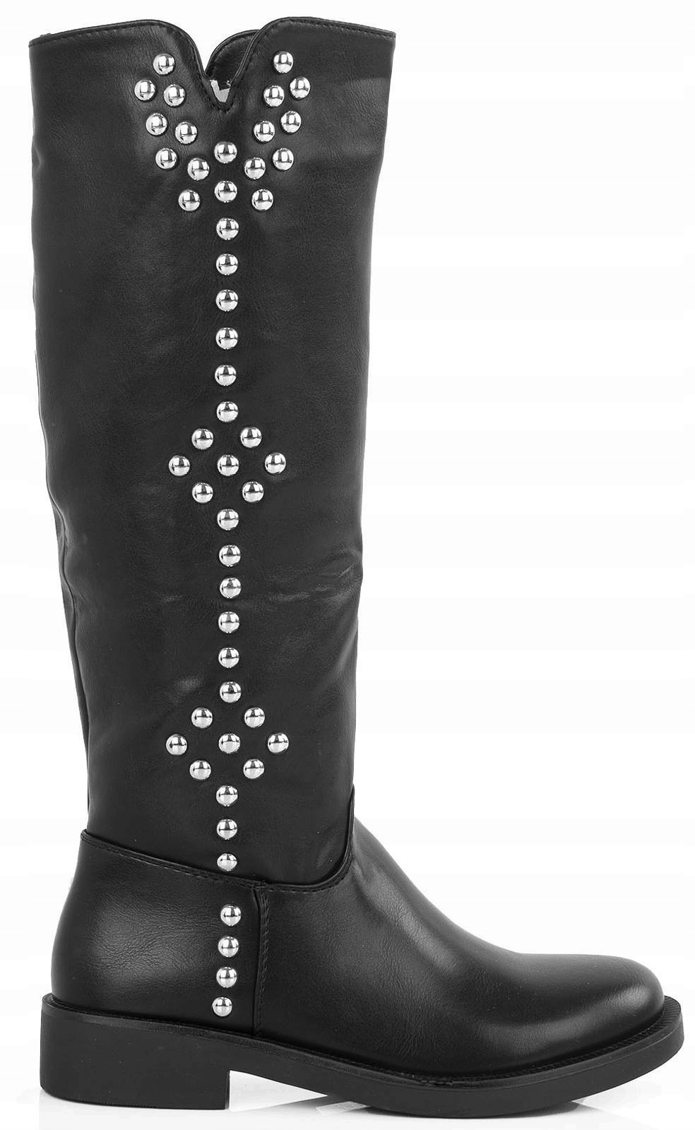 

7006 Czarne Skórzane Kozaki Z Dżetami Oficerki 40