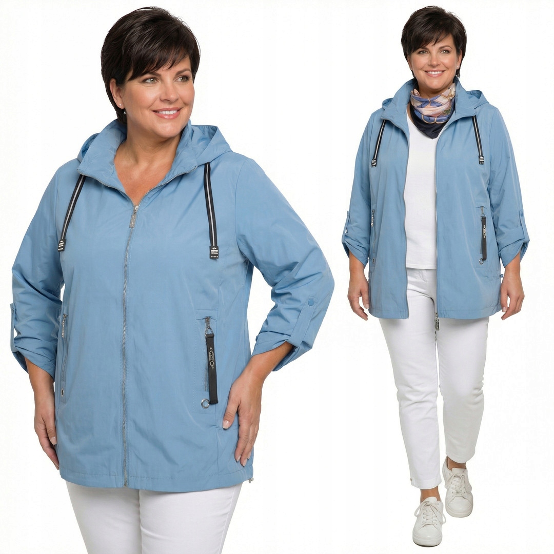 Modrá lesklá bunda se zipem, černé šňůrky plus size velikost 60