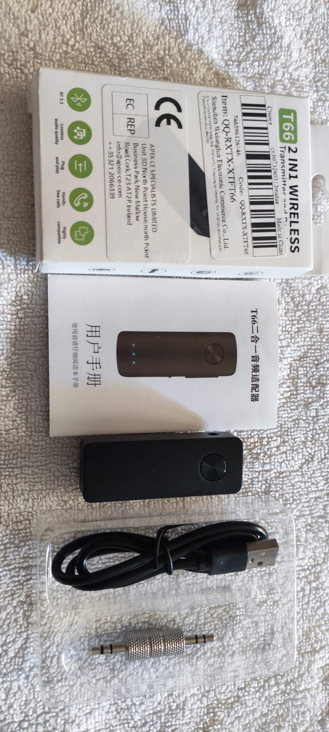 T66 Adapter Audio Transmiter/Receiver TX/RX Bluetooth 5.3 2in1 Wtyk 3.5mm