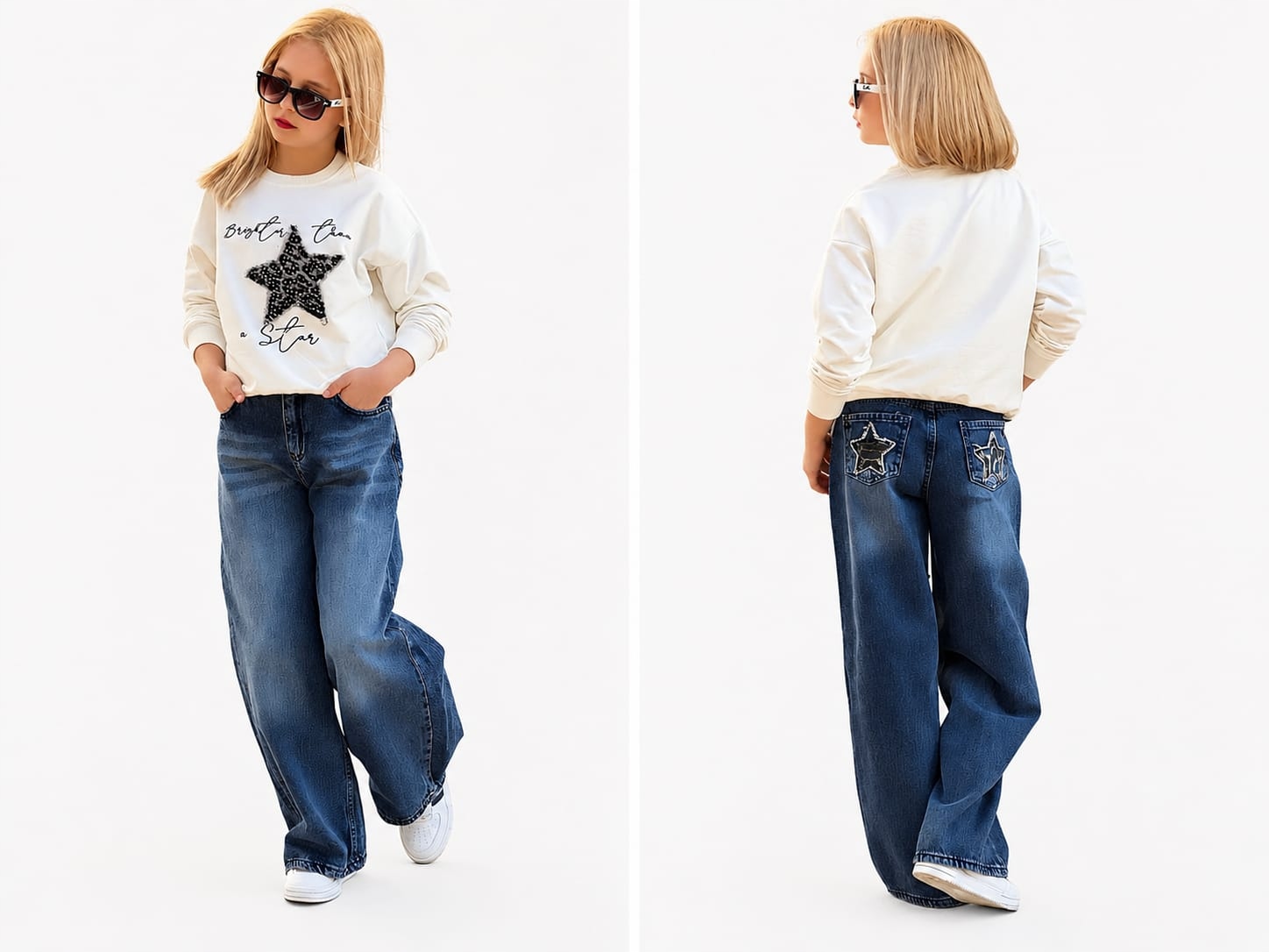 Komplet dziewczęcy bluza spodnie jeans szerokie bawełniany 122
