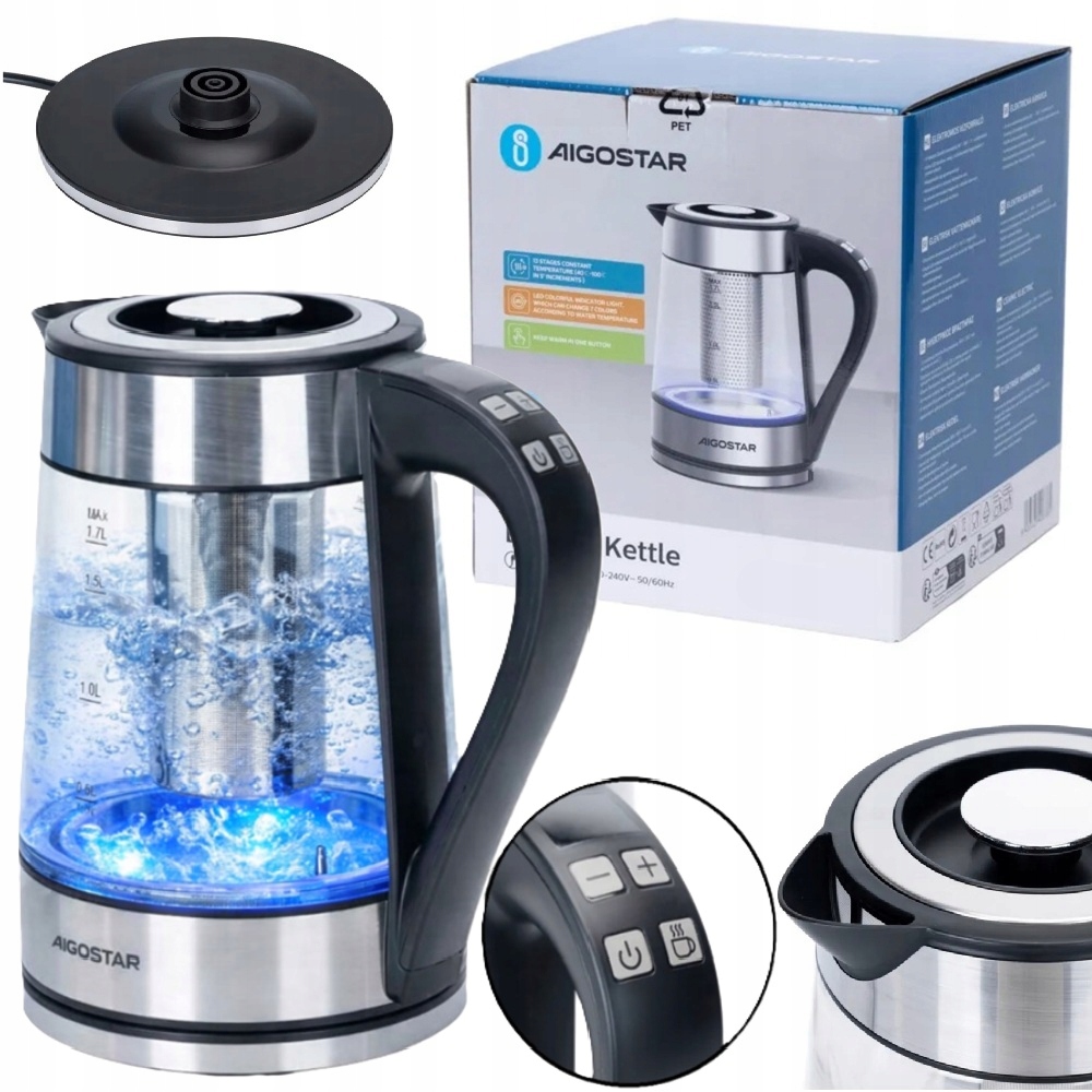 Elektrická varná konvice Regulace teploty Aigostar 2200 W 1,7 l stříbrná/šedá