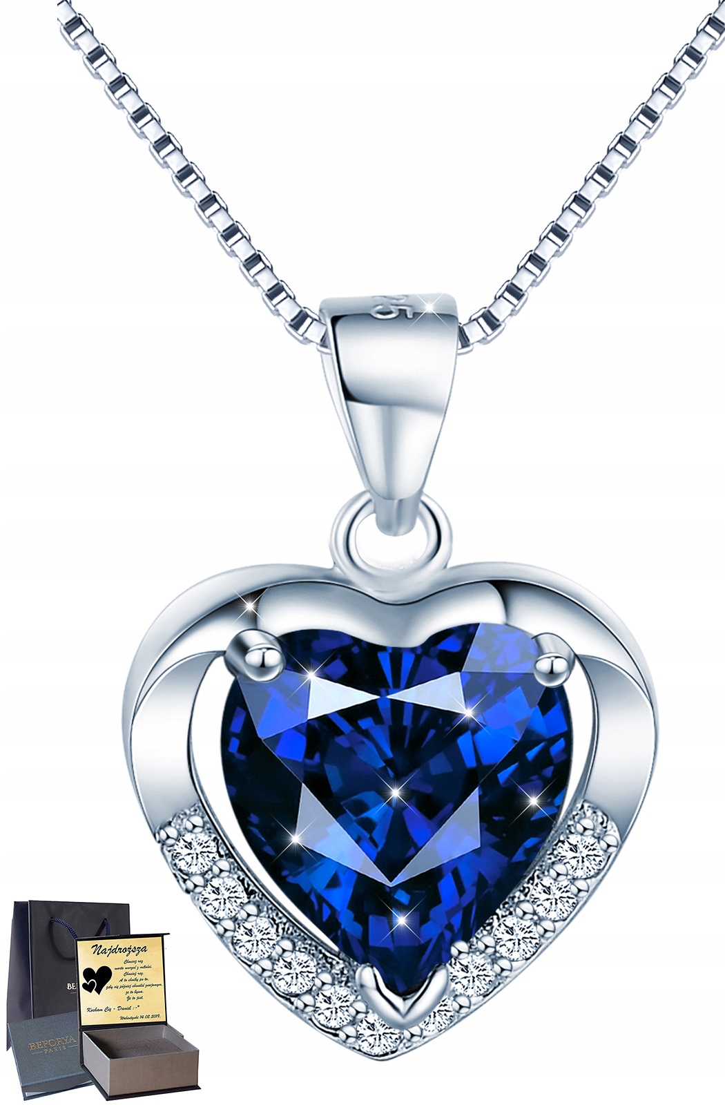 

Szafir Serce Srebrny Naszyjnik Swarovski Srebro
