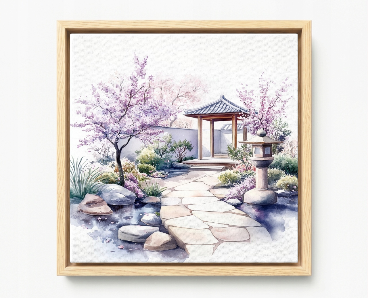 Obraz Rám Americký Box Akvarel Japonsko Zahrada Višeň Sakura Květiny 60x60