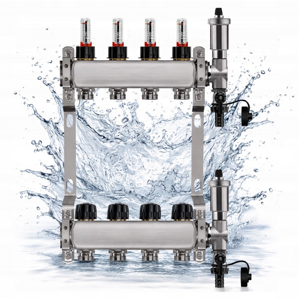 Nerezový 4-okruhový rozdělovač pro podlahové vytápění