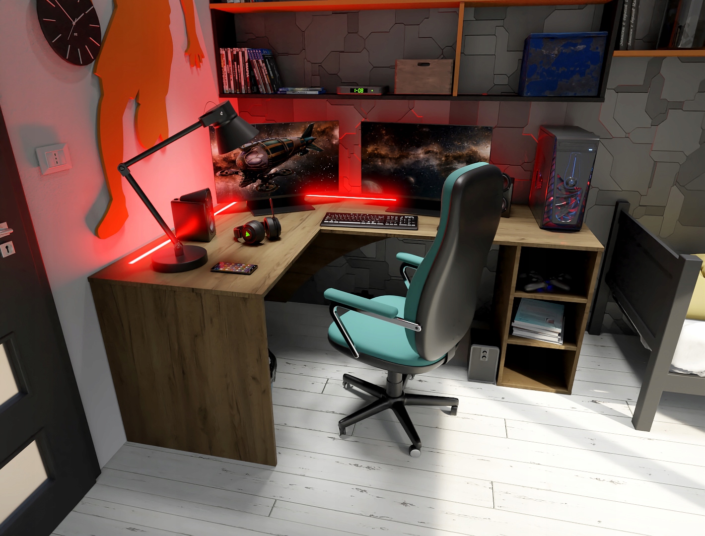 Biurko Gamingowe Komputerowe Gracza Narożne Dąb Złoty Craft LED Kolor mebla dąb craft dąb craft złoty