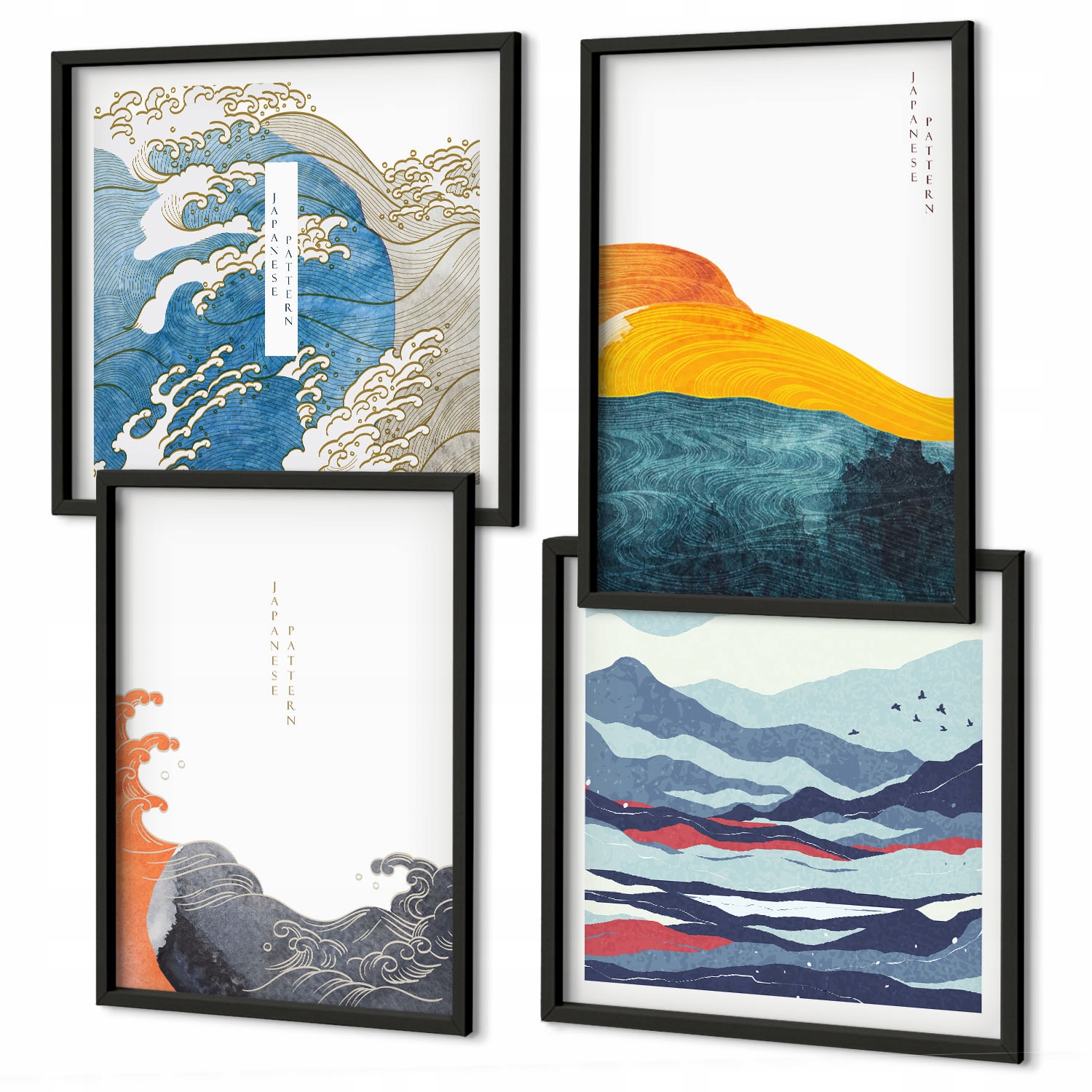 Elegantní sada obrazů nad stůl Vlny japonské umění grafika Černý rám