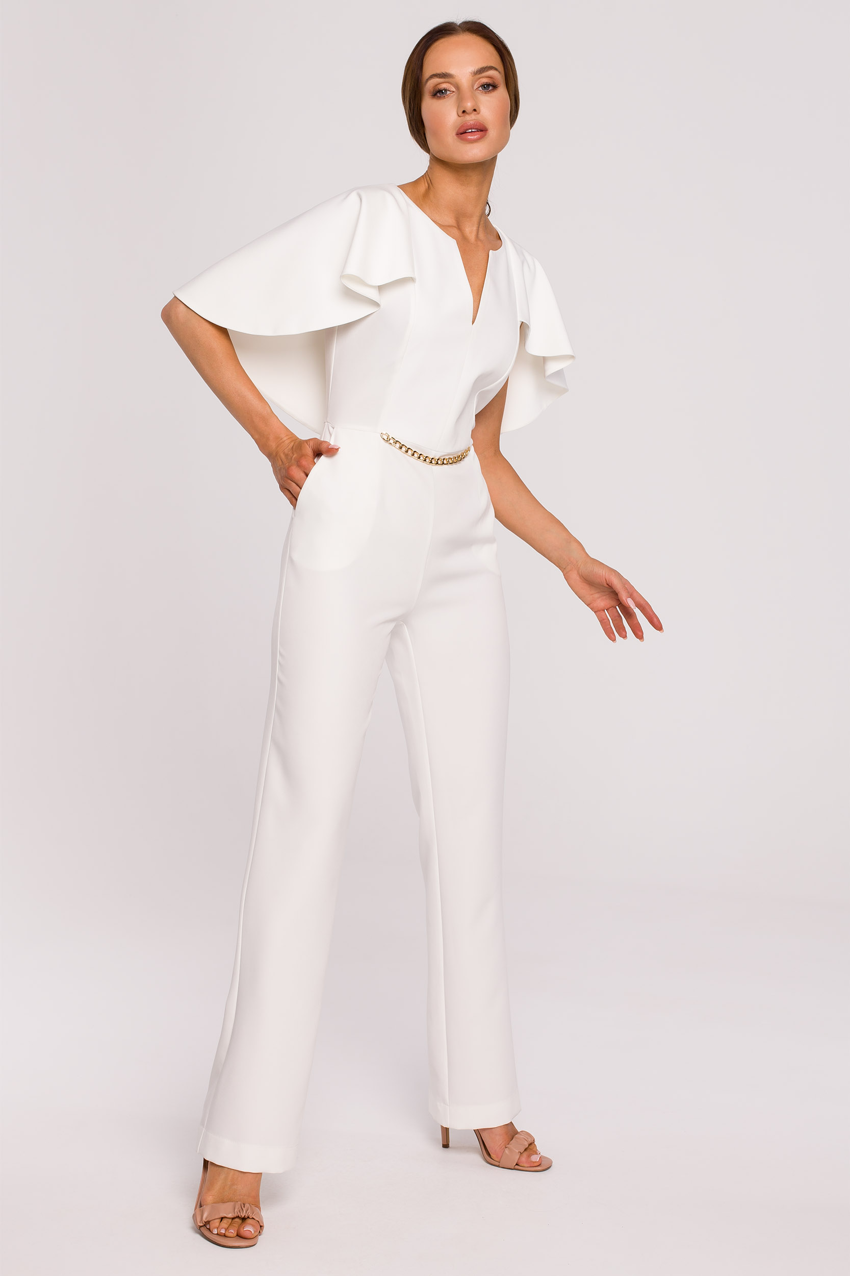 DAMSKI KOMBINEZON KOBIECY ELEGANCKI GŁADKI WYSZCZUPLAJĄCY ECRU 40 L Dekolt serek/dekolt V