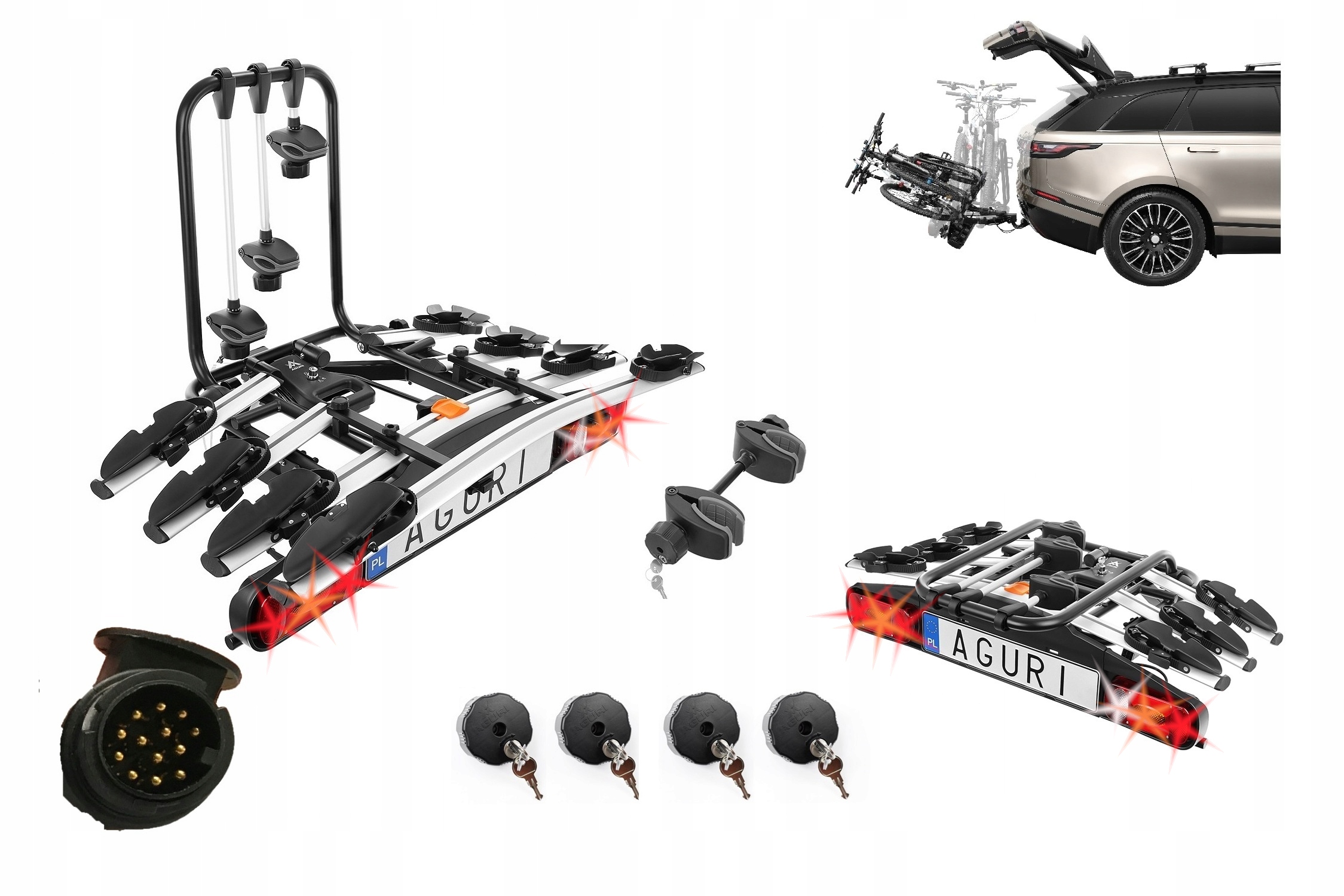 Bagażnik rowerowy na hak Aguri Active Bike 4 rowery uchylany silver 13-pin