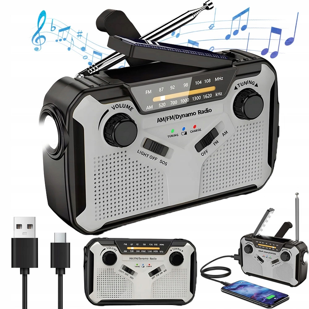 RADIO OUTDOOROWE SURVIVALOWE PANEL SŁONECZNY KORBA RĘCZNA POWERBANK