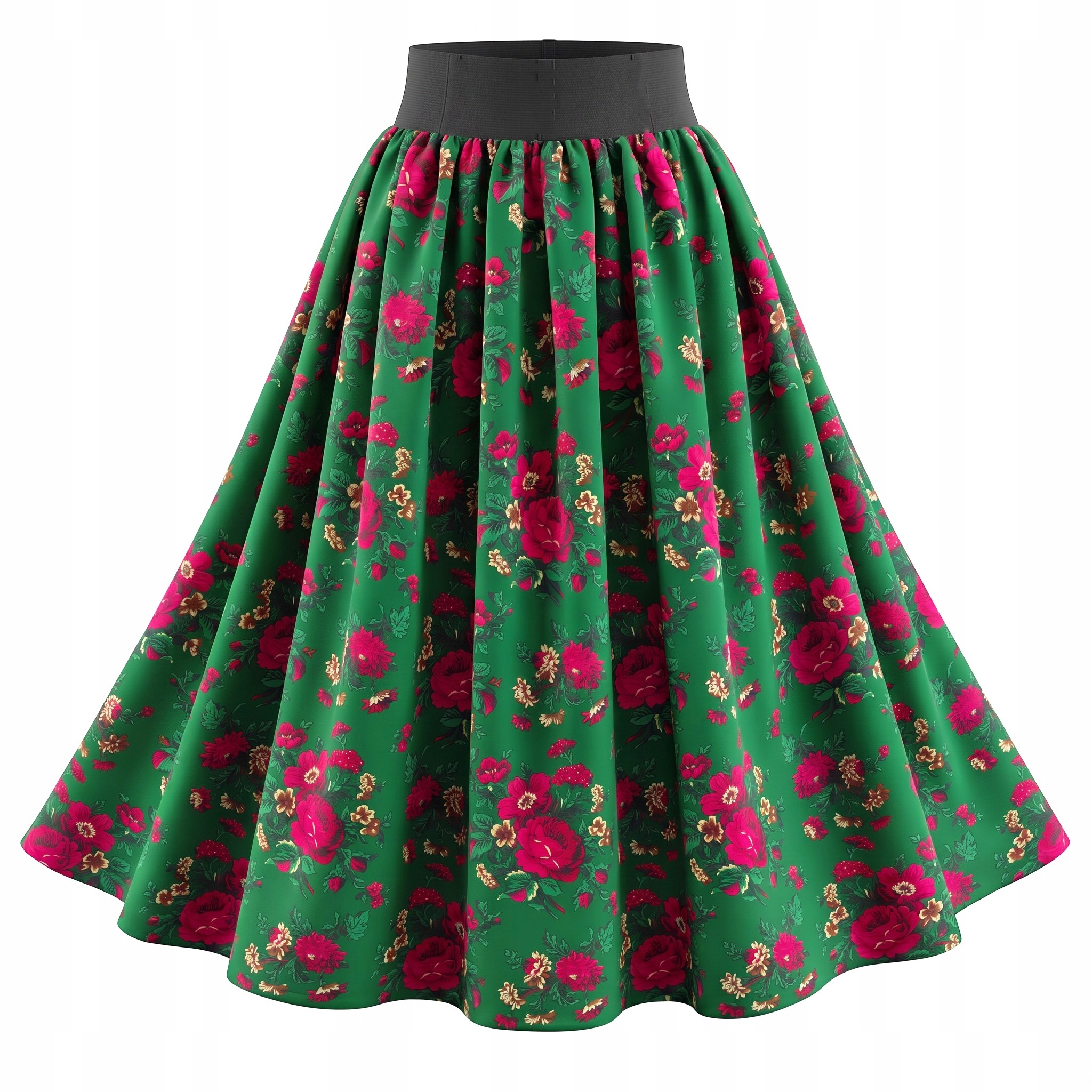 Zelená Sukně na gumičce Dlouhá Horalská Krakovská s květinami *FolkStyle* XL*