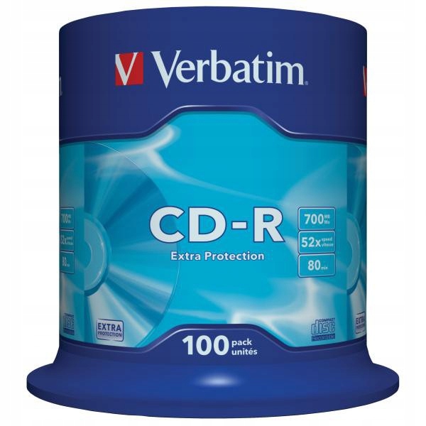Płyta Verbatim Cd-r, 700MB, Prędkość 52X, Cake 100