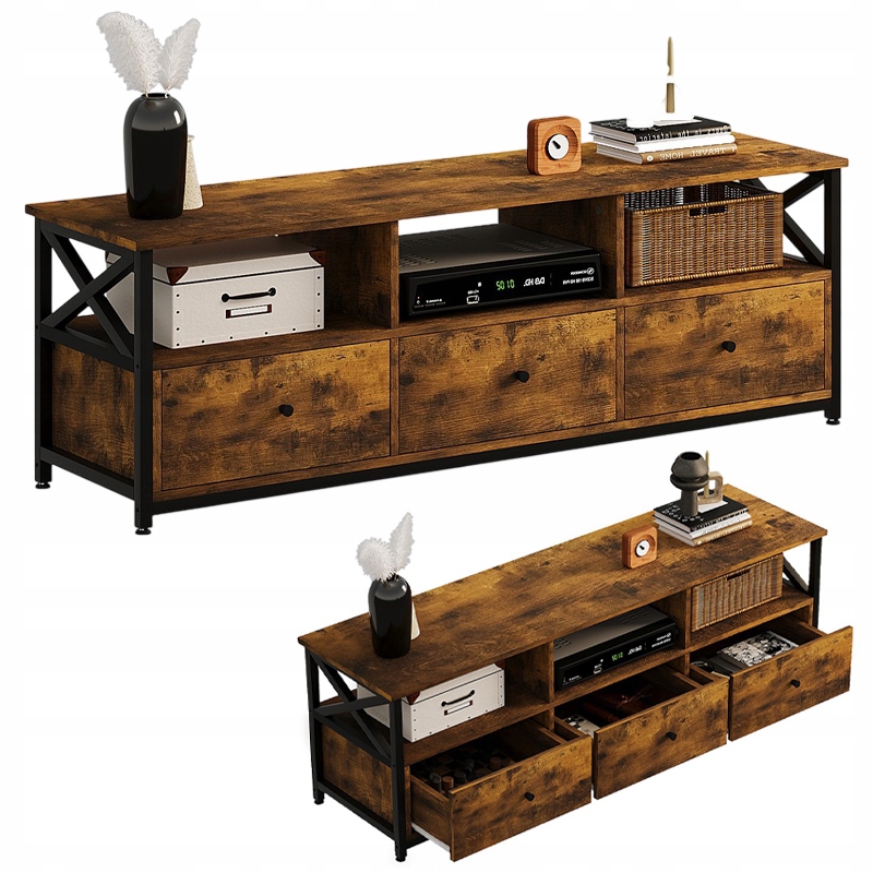 SZAFKA RTV POD TELEWIZOR Z SZUFLADAMI VINTAGE LOFT RUSTYKALNY BRĄZ 143 CM
