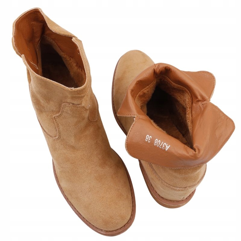 BOTKI DAMSKIE OCIEPLANE NA UKRYTUM KOTURNIE BUTY ZIMOWE ZAMSZOWE CAMELOWE Płeć kobieta