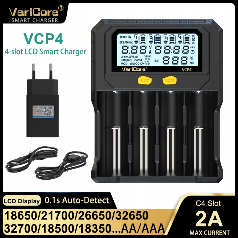 VariCore VCP4 Test Pojemności LCD Usb C Inteligentna dla 3.7V 18650 21700