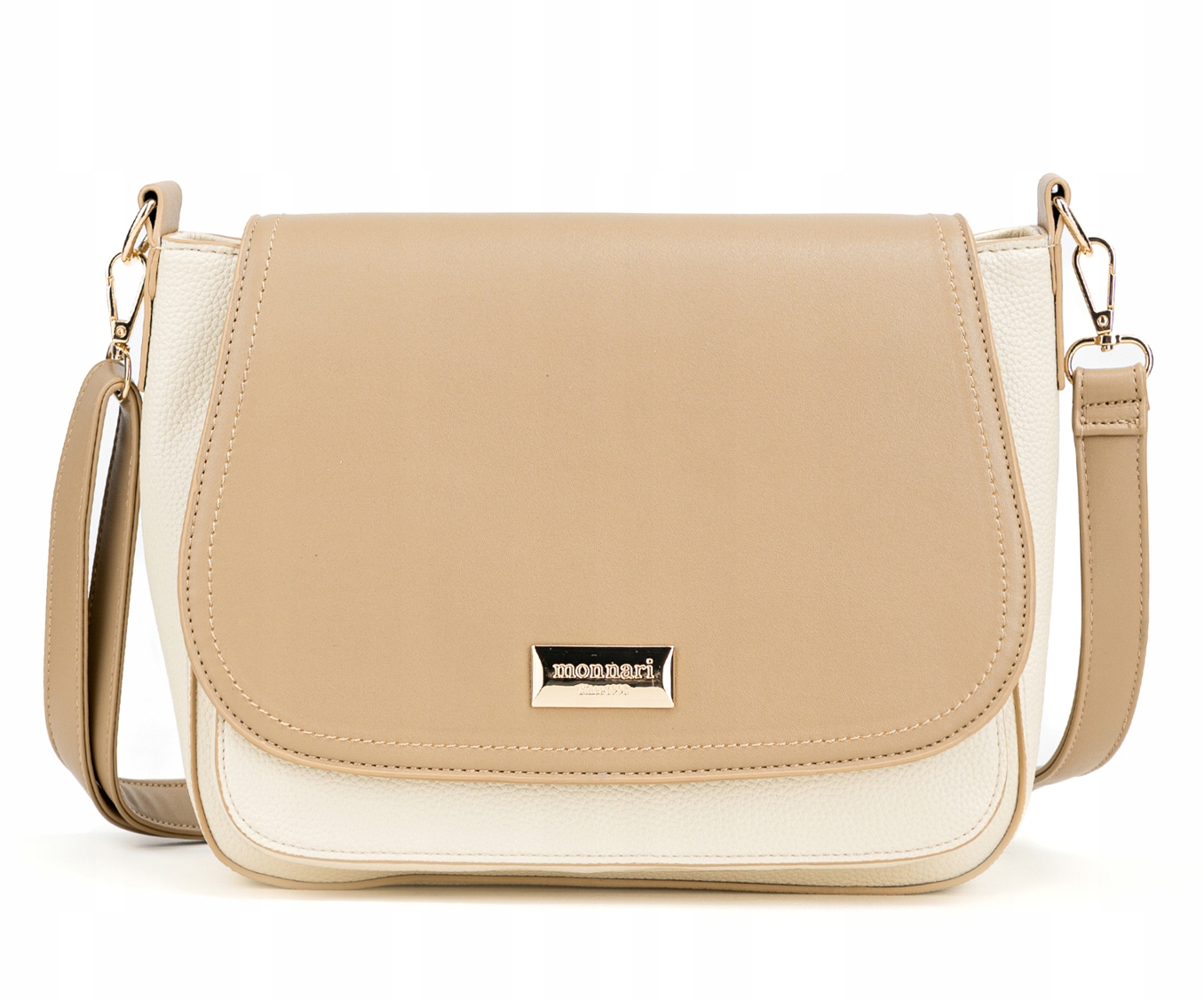 Monnari Pojemna beżowa torebka listonoszka z klapą| Długi pasek| Logo