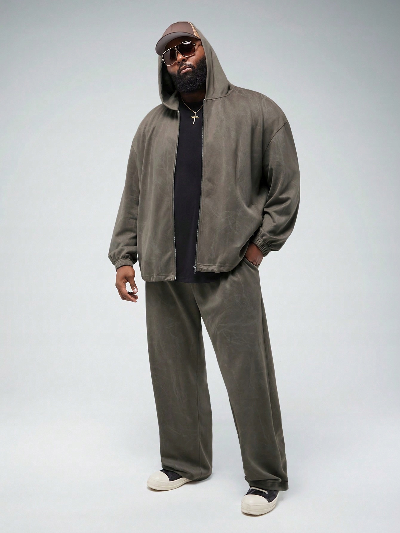 Teplákovka Pánský Semišový Komplet Hnědá Mikina S Kapucí Kalhoty 6XL Shein