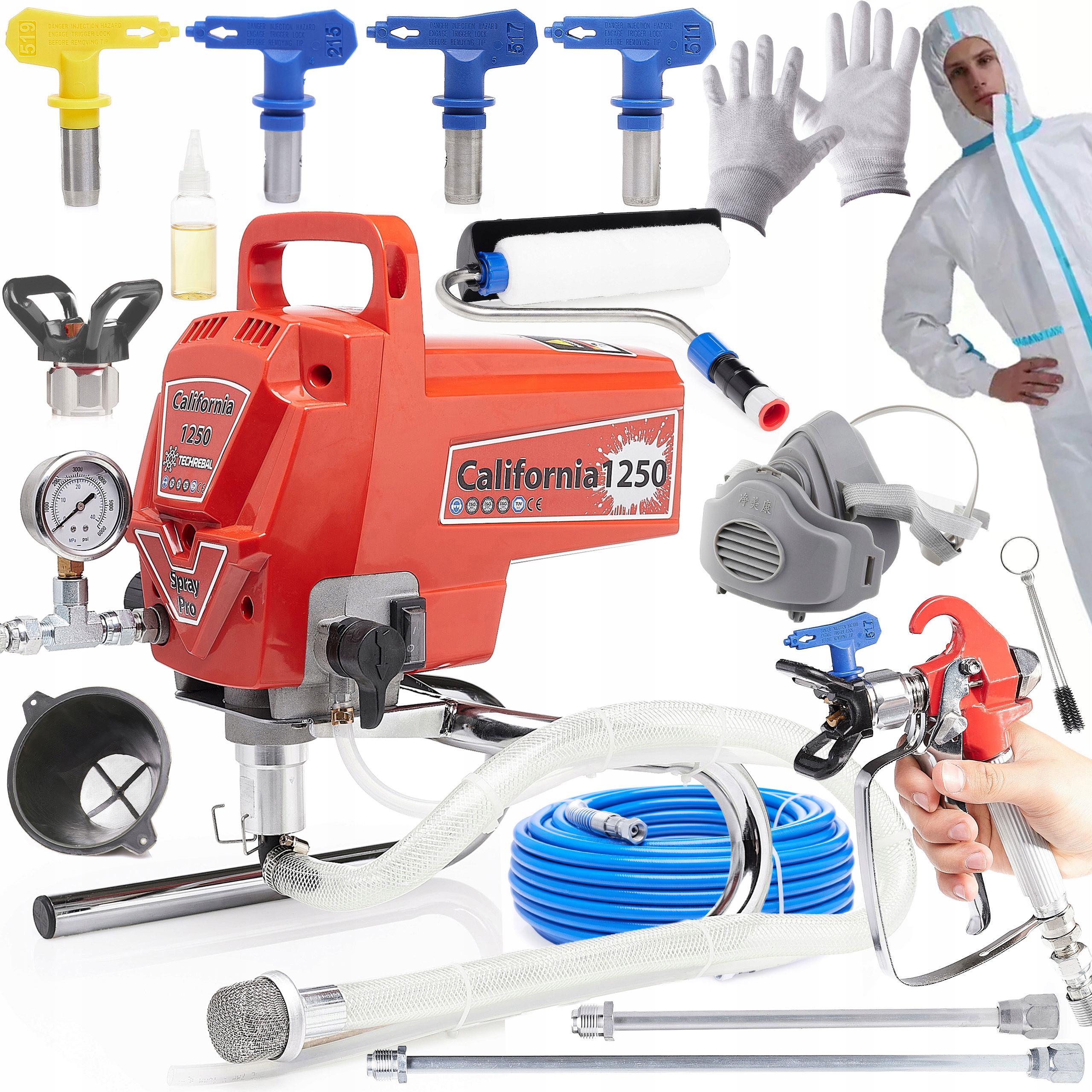 Malířský Agregát Pístový 1200W 2L/MIN Hadice 10M 4x Tryska Pistole Váleček