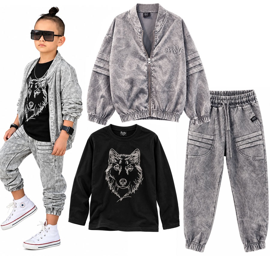 9-10 lat Komplet chłopięcy 3cz Bluza +Bluzka +Spodnie Wolf szary wilk W475