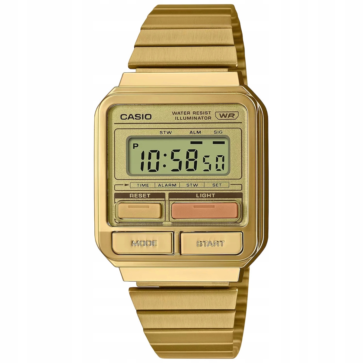 Zlaté elektronické hodinky Casio Vintage v retro obdélníkovém stylu