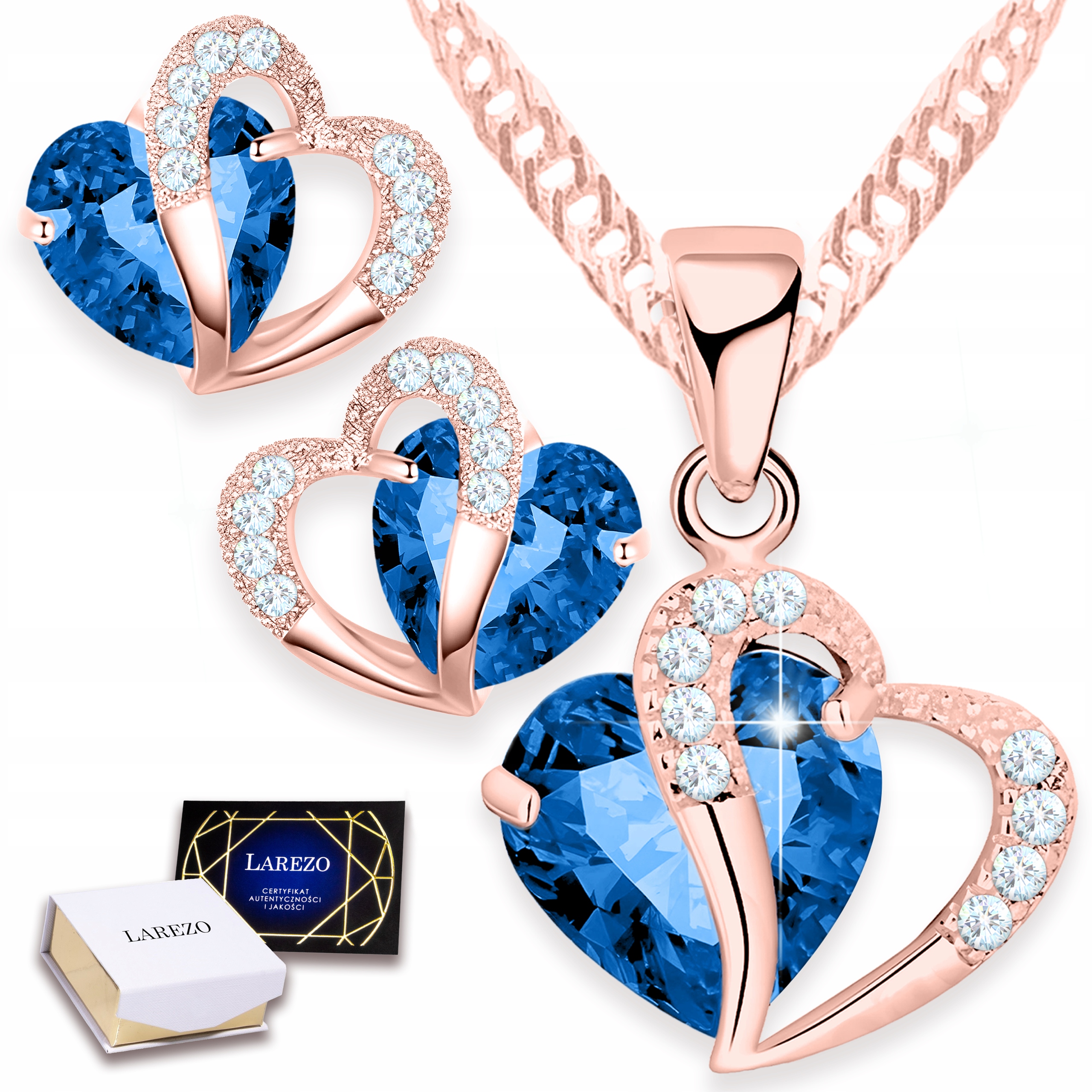 Sada šperků Pozlacený náhrdelník Náušnice Modré Křišťálové Srdce