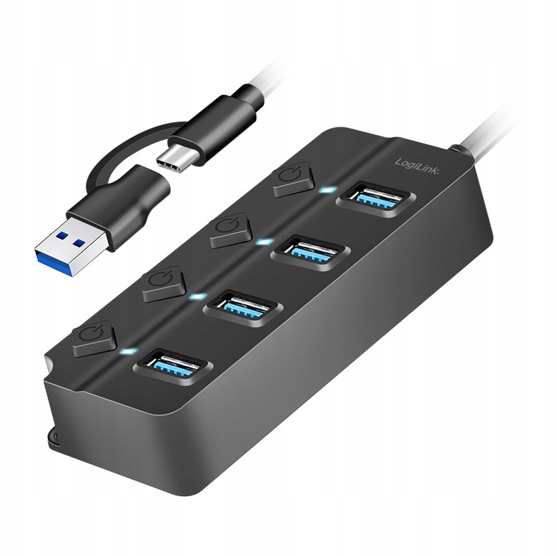 Logilink Hub 4xUSB-A, Gen1, 4x On/off, černý