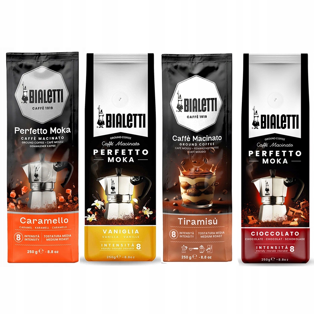 Kawa Bialetti Perfetto Moka Caramello Wanilia Tiramisu Cioccolato 4x250g