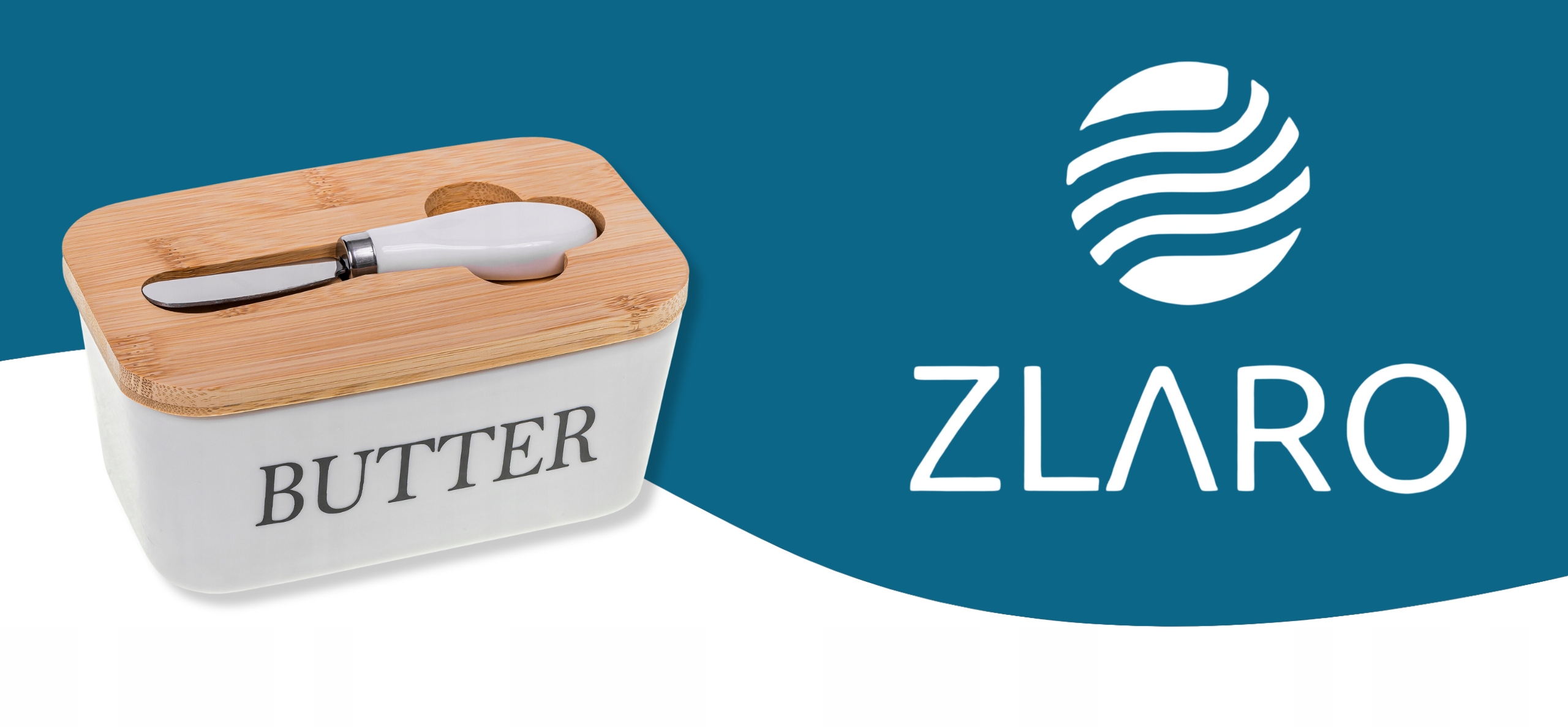 Piękna porcelanowa maselniczka ceramiczna z nożem bambusowa loft boho Biała Stan opakowania oryginalne