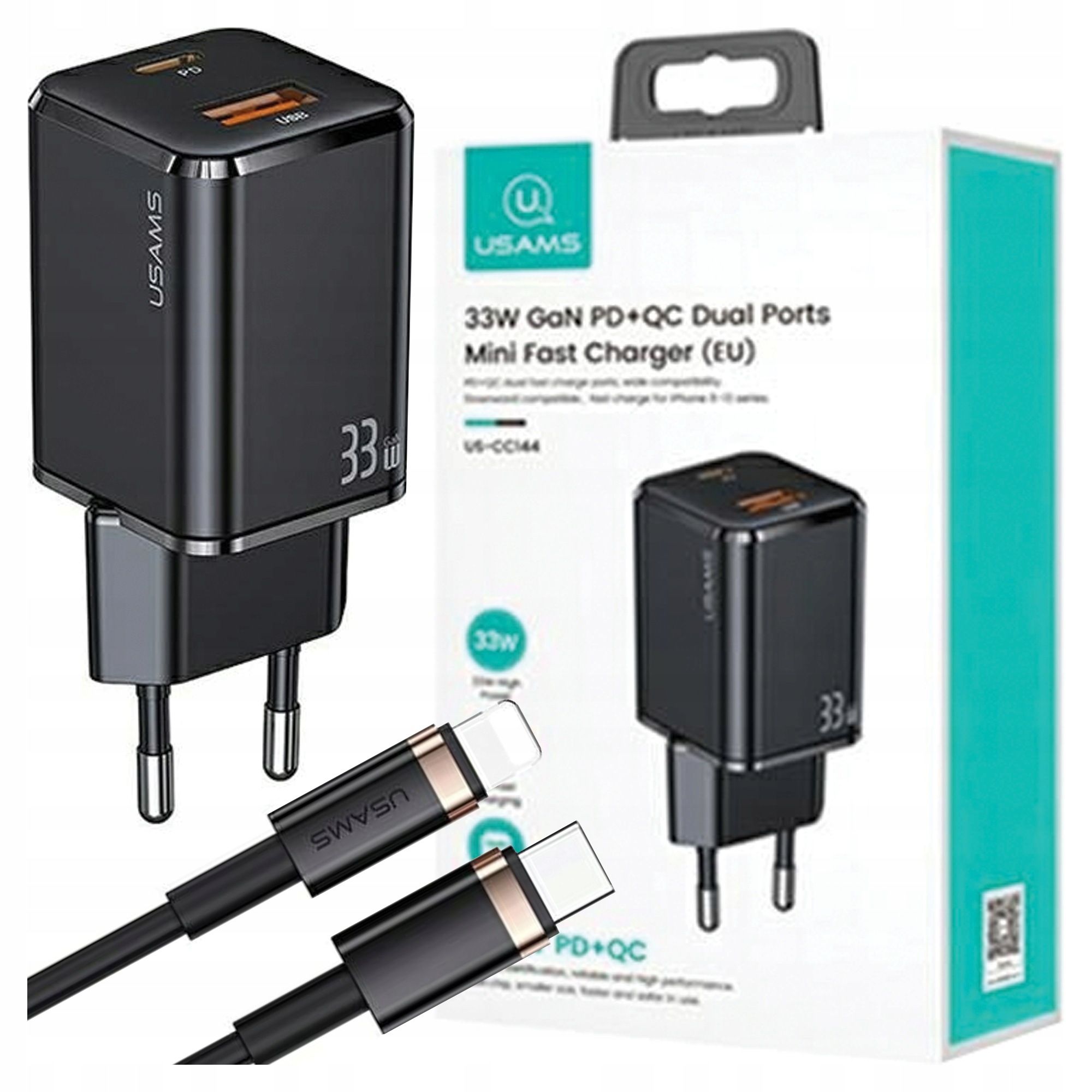 Usams Síťové nabíjení 1xUSB-C+1xUSB T43 33WPD3.0 +QC3.0 kabel U63 Usb-c na li