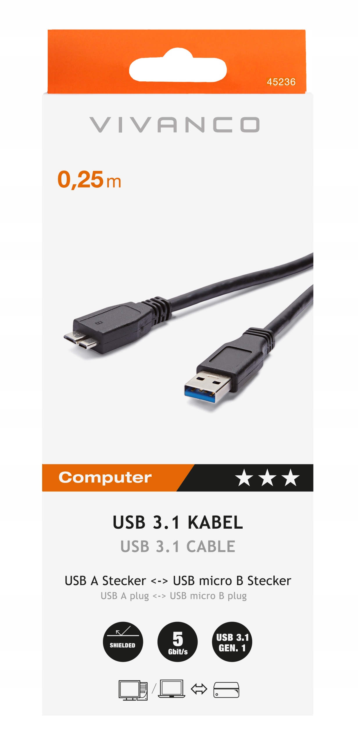 Kabel USB A 3.1 - USB micro B 0,25m Sklep Vivanco