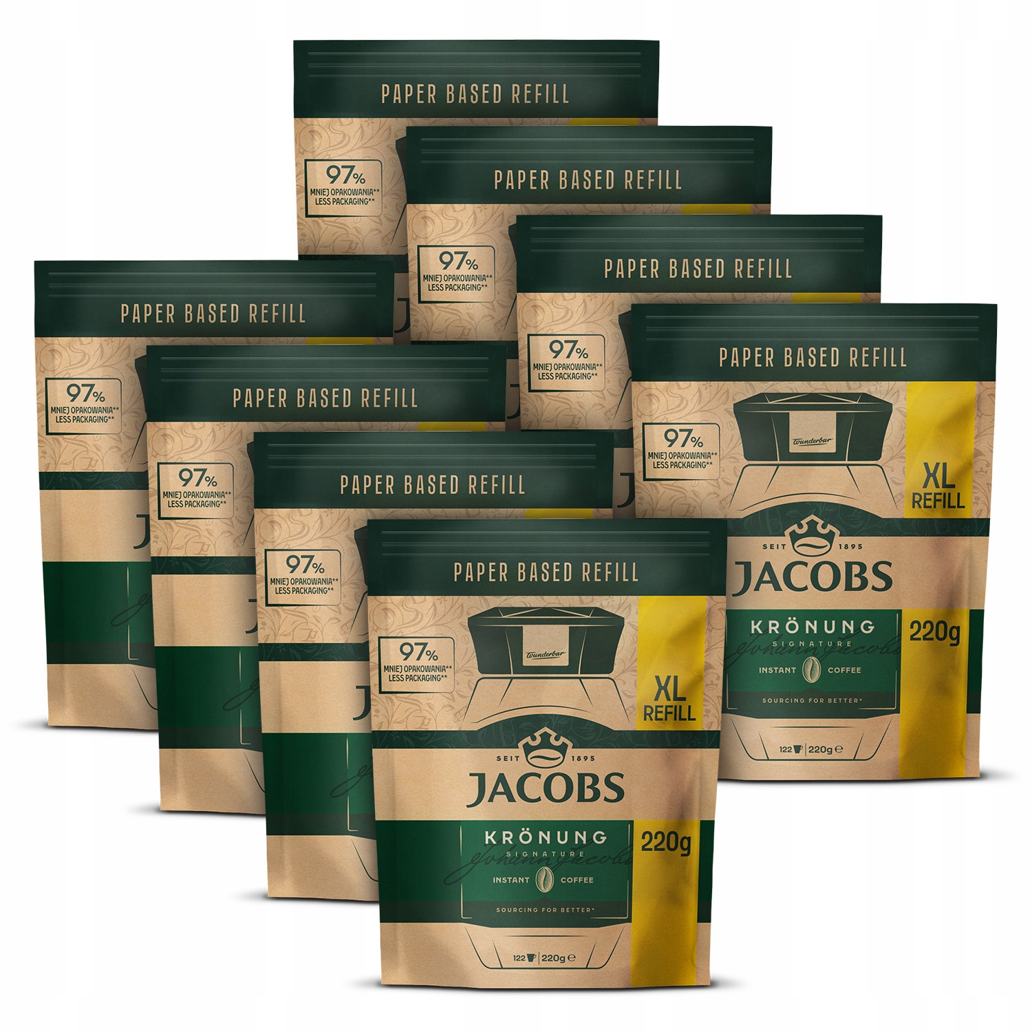 Zestaw kawa rozpuszczalna Jacobs Kronung refill XL zapas dosypka 8x 220g