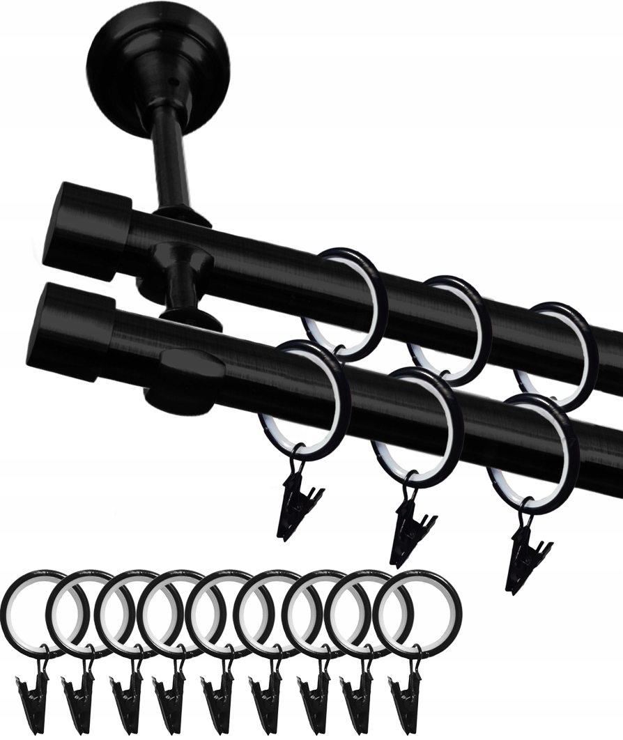 KARNISZ PODWÓJNY 19+19 / 200 cm CZARNY CICHE KÓŁKA