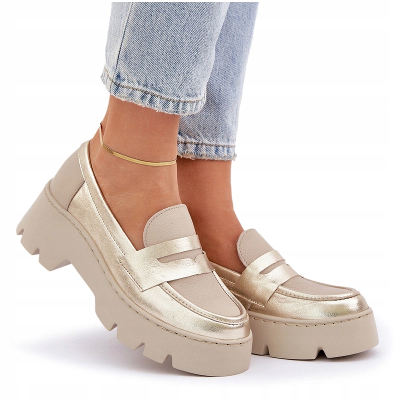 Dámské Kožené Mokasíny S Plochým Podpatkem Platforma Zazoo 20191 Zlaté 40