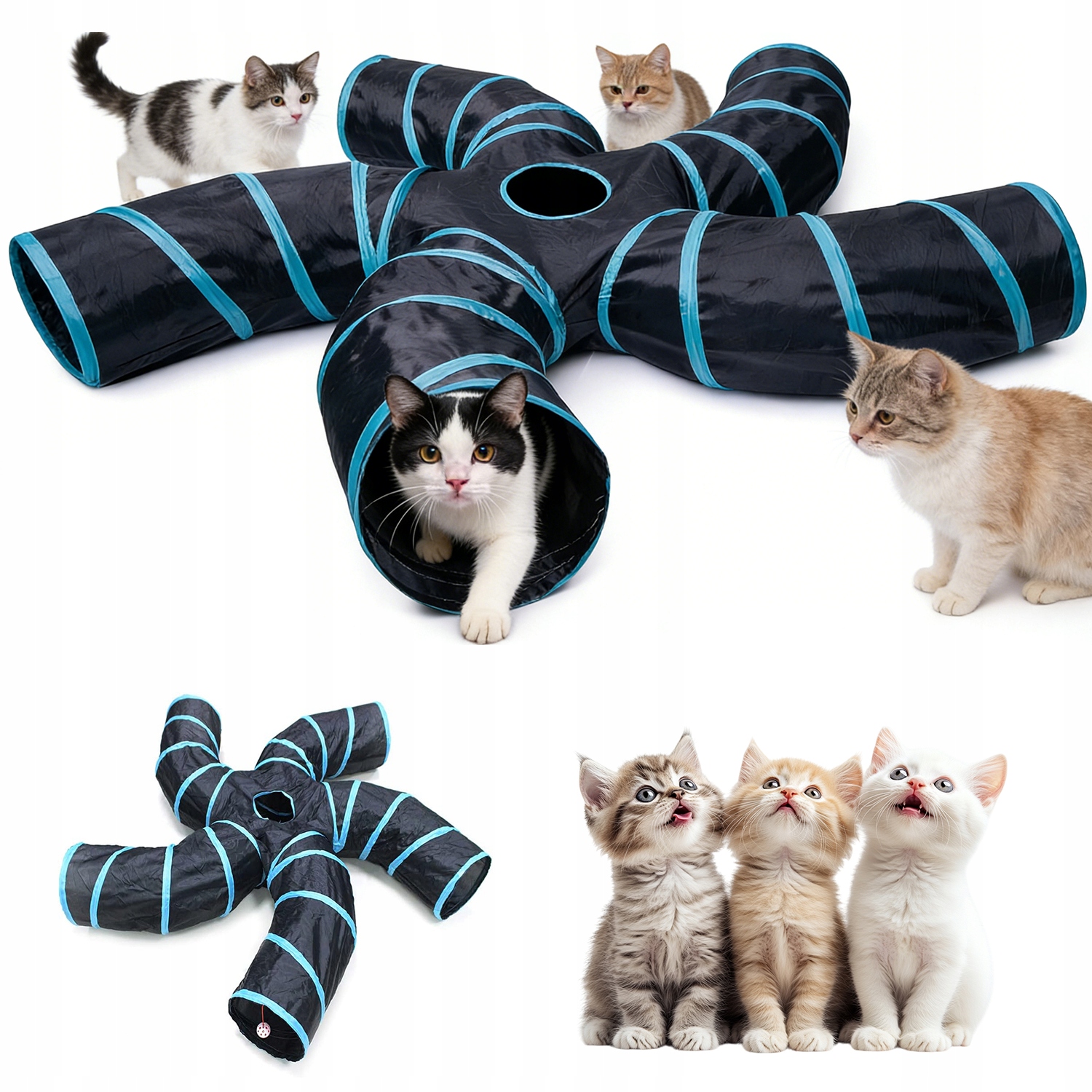 Tunel Pro Zvířata Modrý Hračka Pro Kočky Tvar S 5 Skládacími Otvory