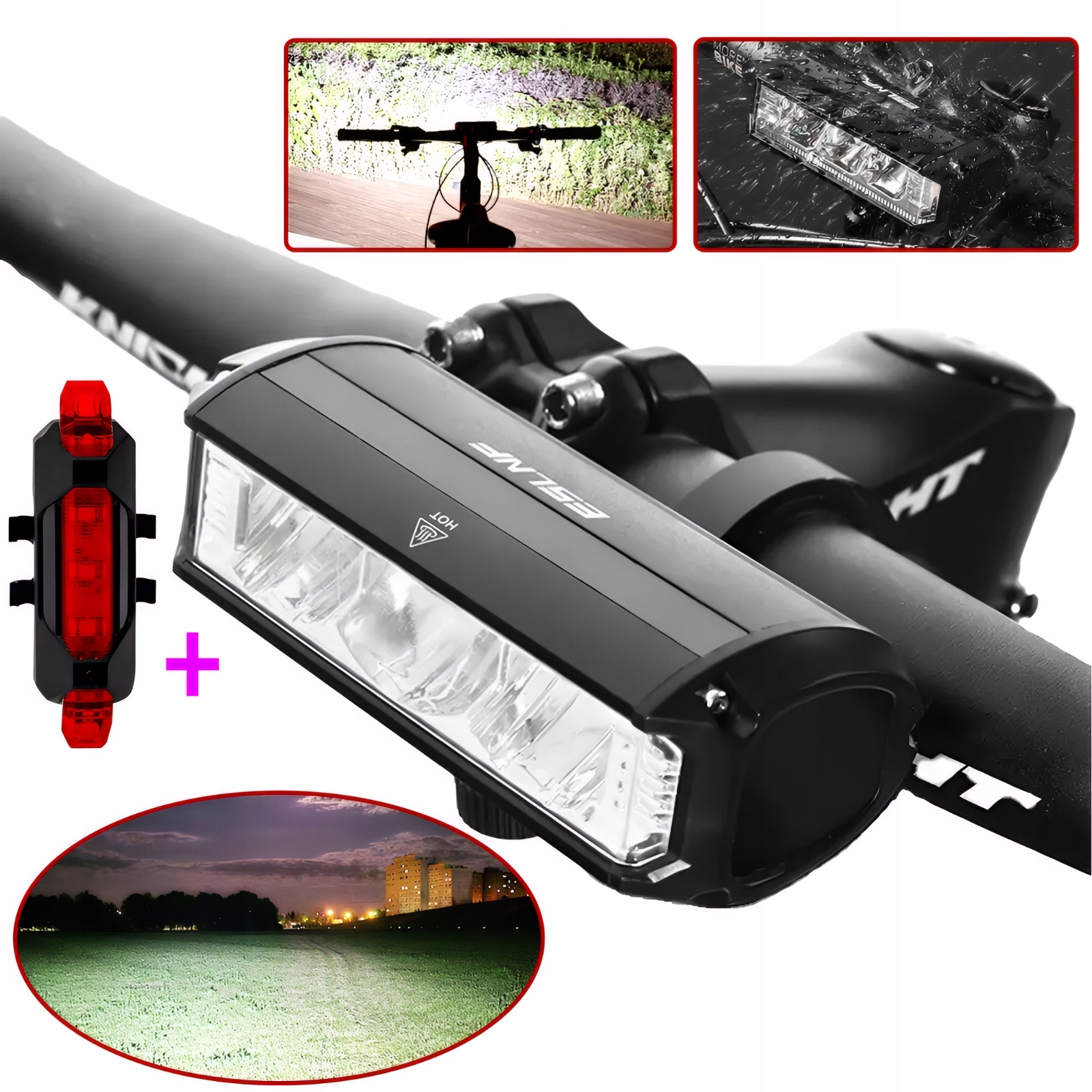 Mocna Lampka Rowerowa Tylna Kpl na kierownicę Wodoodporna Aku 1650lm