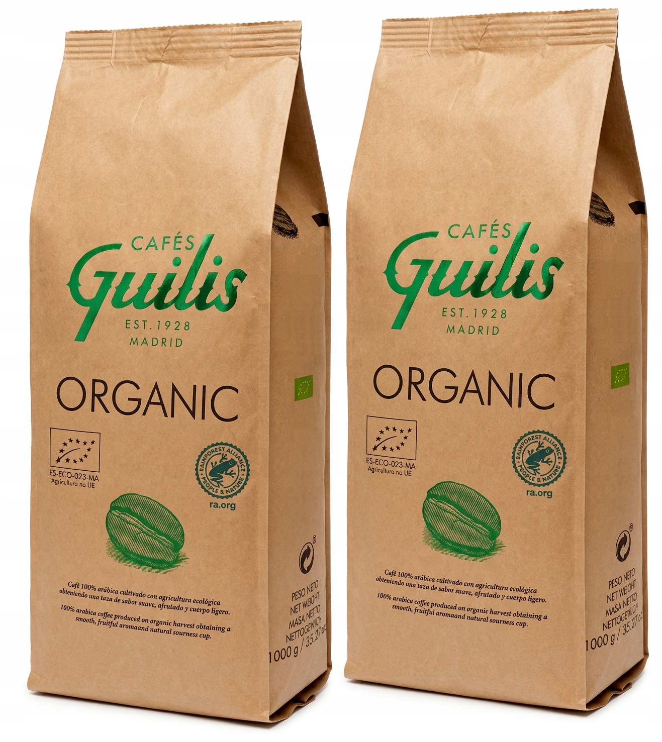 Káva Zrnková Organic 100% Organická Arabica 2x1kg Káva do kávovaru Bio