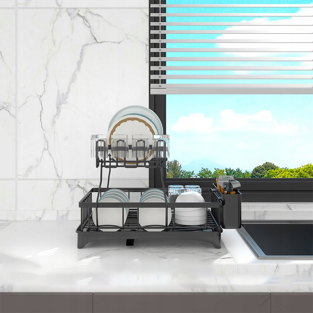 SUSZARKA DO NACZYŃ OCIEKACZ Z ODPŁYWEM DWU POZIOMOWA 44x31x33 CZARNA Kolor czarny