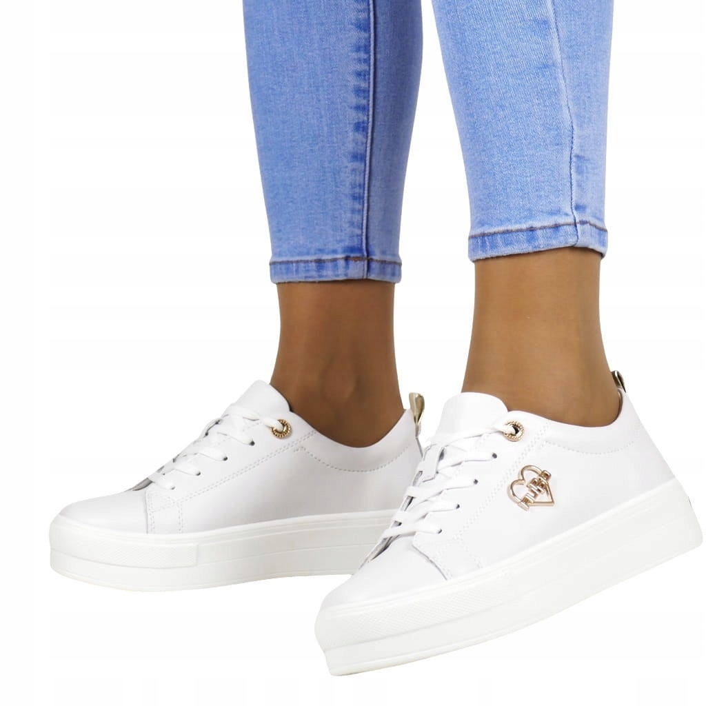 Bílé Dámské Kožené Tenisky Na Silné Podrážce, Zlaté Srdce 39