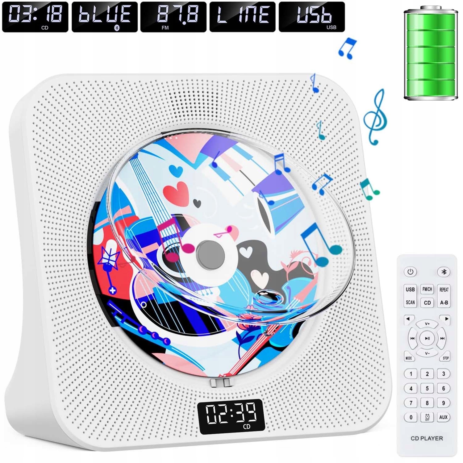 Přenosný CD Přehrávač Bluetooth Aux Reproduktory, Fm Vysílač, Hifi S LCD