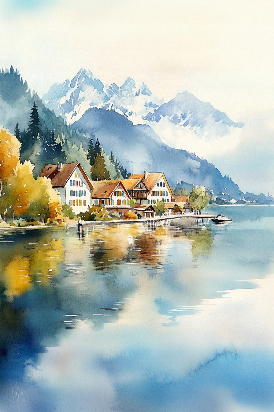 Obraz Na Plátně Canvas Krajina Podzim Hory Alpy Jezero Domky 80x120