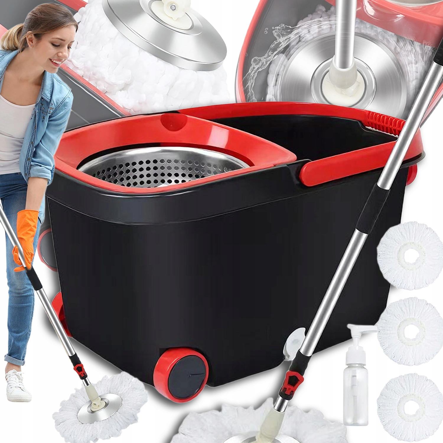 2V1 Rotační Mop 360° Rotační Podlahový Turbo 3 Nástavce Mikrovlákno Kbelík