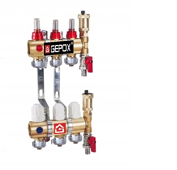 Rozdělovač pro podlahové vytápění s 3 okruhy Gepox, mosazný, pro podlahové vytápění